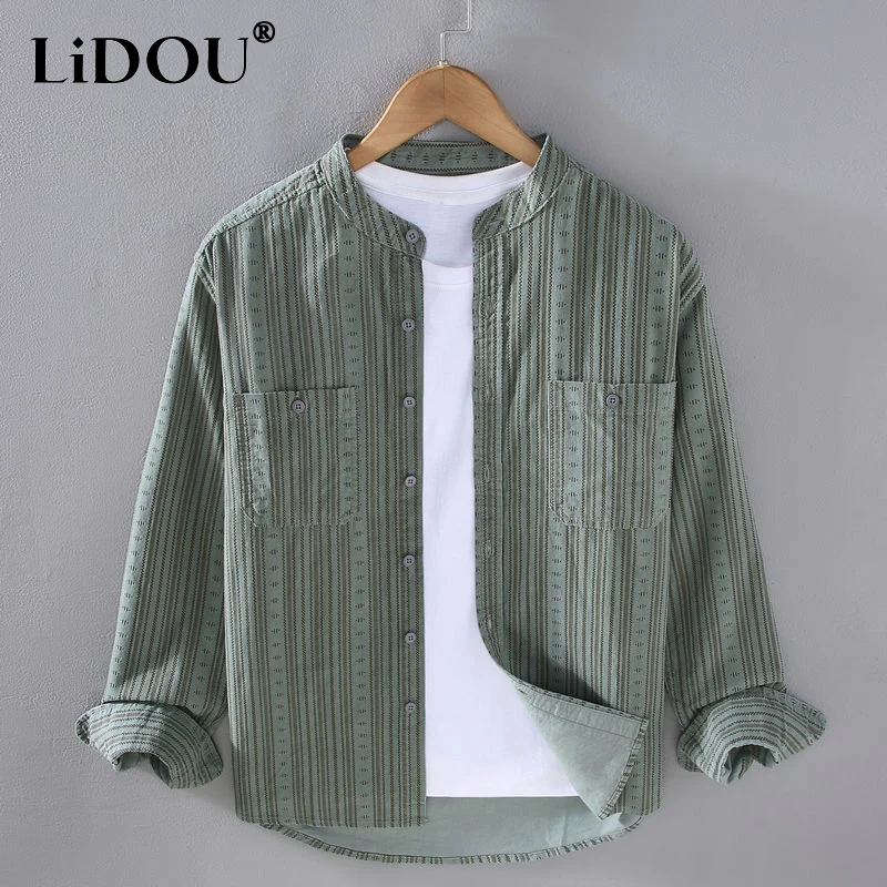 Top Trends: 2023 Spring Autumn New Striped Shirt Man Stand Collar Long Sleeve Pocket Single Breasted Cardigan Korean Style Casual Loose Coat Shoppable Styles