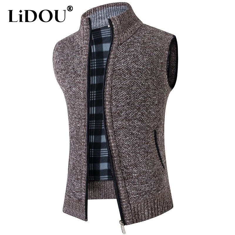 Top Trends: 2023 Autumn Winter New Solid Color Fashion Stand Collar Sleeveless Tank Top Man Casual Loose Zipper Pockets Warm Knitting Vest Shoppable Styles