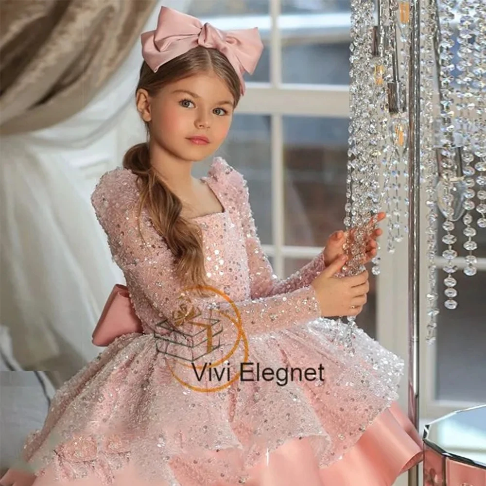 Top Trends: Square Collar Pink Flower Girls Dresses With Sequined Tutu Cute Christmas Gowns 2023 Summer New Bow Satin Knee Length فلور فتاة Shoppable Styles