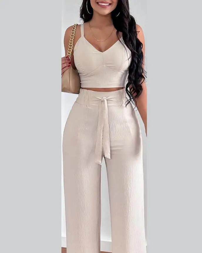 Top Trends: Two Piece Sets Womens Outifits Summer Fashion Shirred Plain V-Neck Sleeveless Crop Top & Casual Pocket Design Wide Leg Pants Set Shoppable Styles