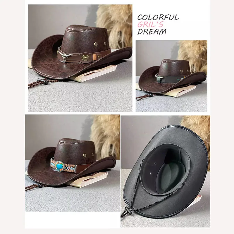 Top Trends: Women Men Faux Leather Western Cowboy Hats Cow Head Decorate Vintage Rider Panama Cowgirl Jazz Cap Sombrero Hombre Shoppable Styles - Image 5