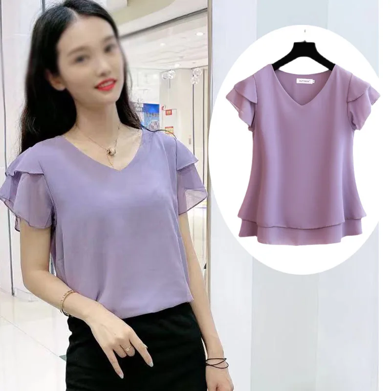 Top Trends: Fashion Brand Spring Summer Short-sleeved V-neck Chiffon Shirt Tops Large Size Loose And Thin Women Casual Shirts Shirts Blouses Shoppable Styles