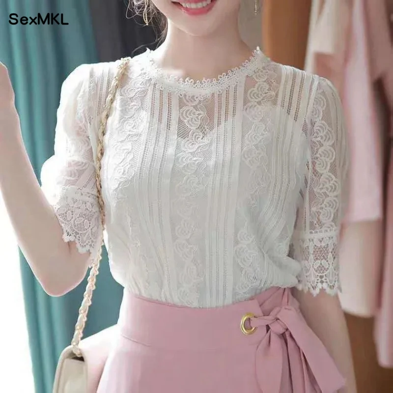 Top Trends: Sexy Summer Lace Blouses Women 2023 Korean Fashion Clothes Casual Blusas Femininas Slim Chiffon Shirts See Through Ladies Tops Shoppable Styles