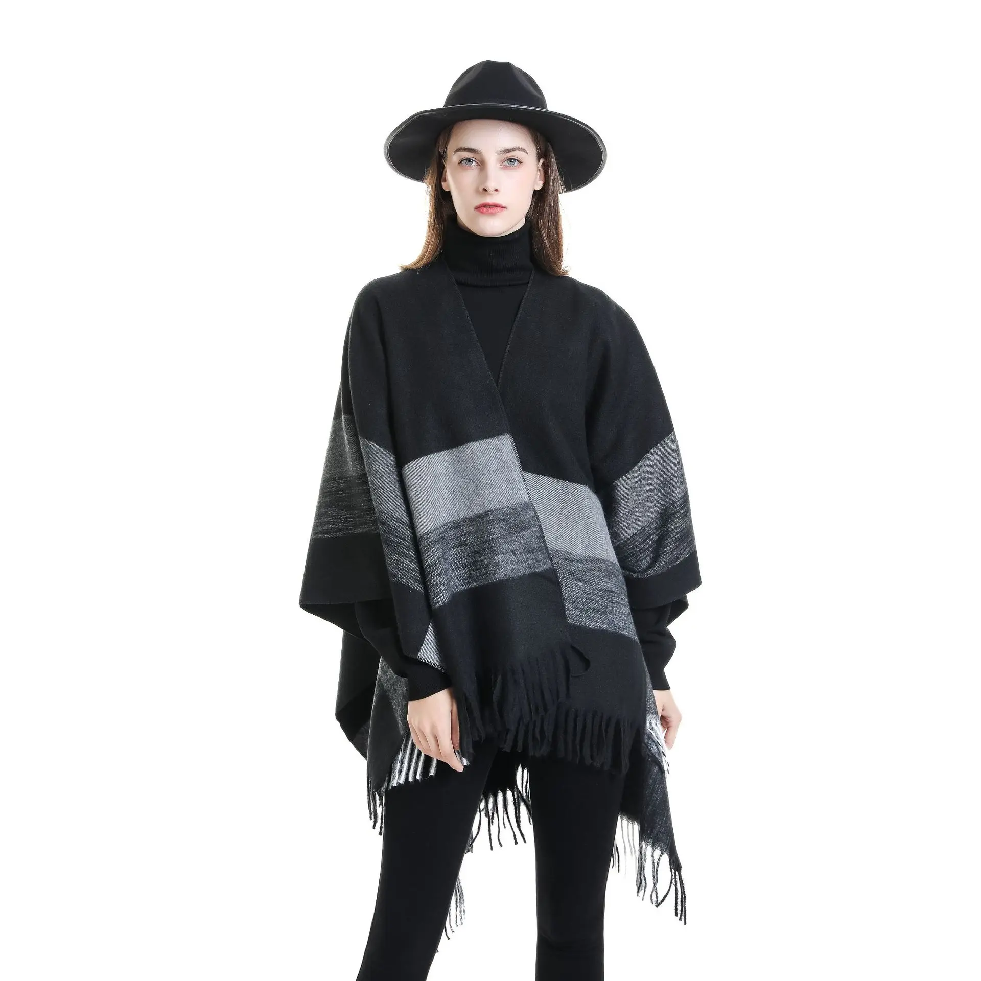 Top Trends: Women Cashmere Feeling Shawl Lady Classic Striped Cape Spring Autumn Retro Cardigan Winter Cloak With Tassels Soft Large Blanket Shoppable Styles