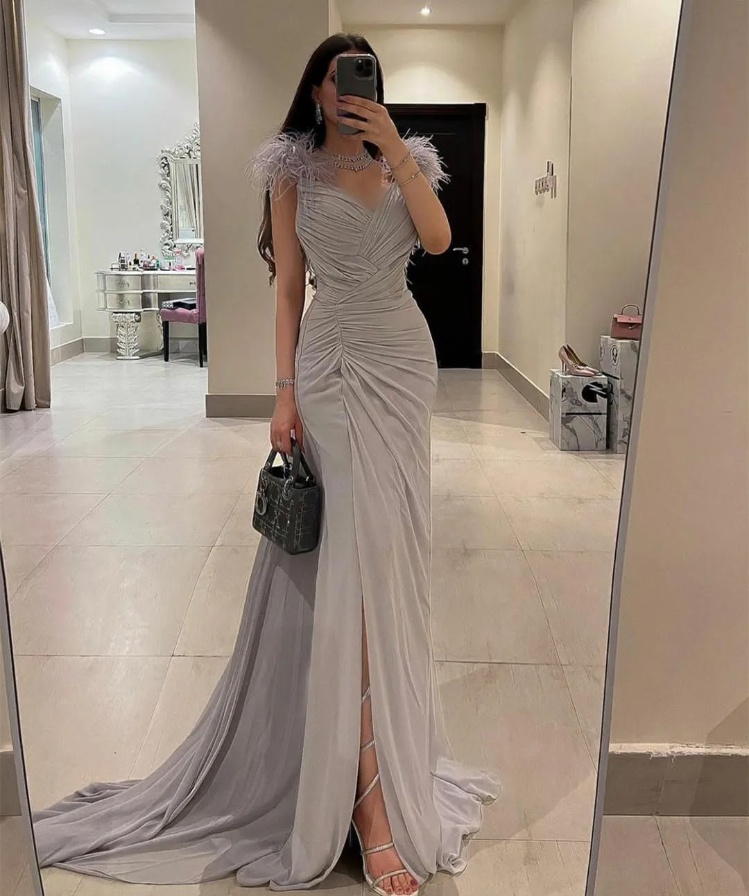 Top Trends: Elegant Long V-Neck Chiffon Evening Dresses With Feathers Mermaid Prom Dress Sweep Train Pleated Zipper Back Formal Party Gowns Shoppable Styles