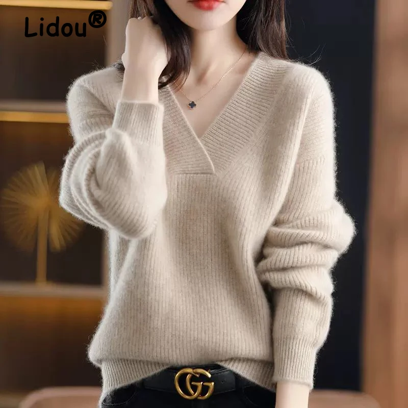 Top Trends: Autumn Winter New Solid Color Sweater Woman V-Neck Pullover Casual Knitted Tops Female Clothing Bottoming Basic Sweater Jumpers Shoppable Styles