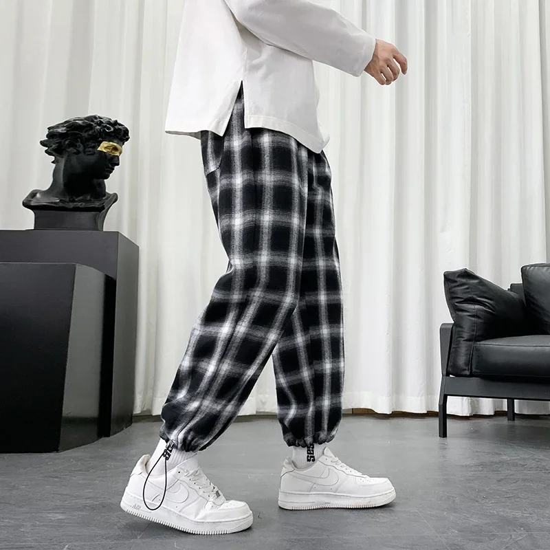 Top Trends: Men's Plaid Pants Summer Cotton Casual Pants Losse Hip Hop Baggy Sweatpants Fashion Streetwear Korean Style Harem Pants Shoppable Styles - Image 3