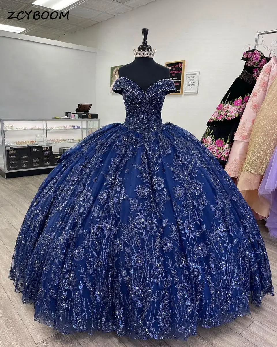 Top Trends: Sparkly Princess Navy Blue Off Shoulder Quinceanera Dresses 2023 Sweetheart Lace Applique Sweet 16 Ball Gown Vestidos De 15 Años Shoppable Styles