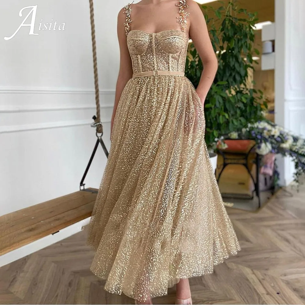 Top Trends: Gold Glitter Tulle Prom Dresses Beaded Straps Tea-Length Prom Gowns Pockets A-Line Short Formal Party Dresses Plus Size Shoppable Styles