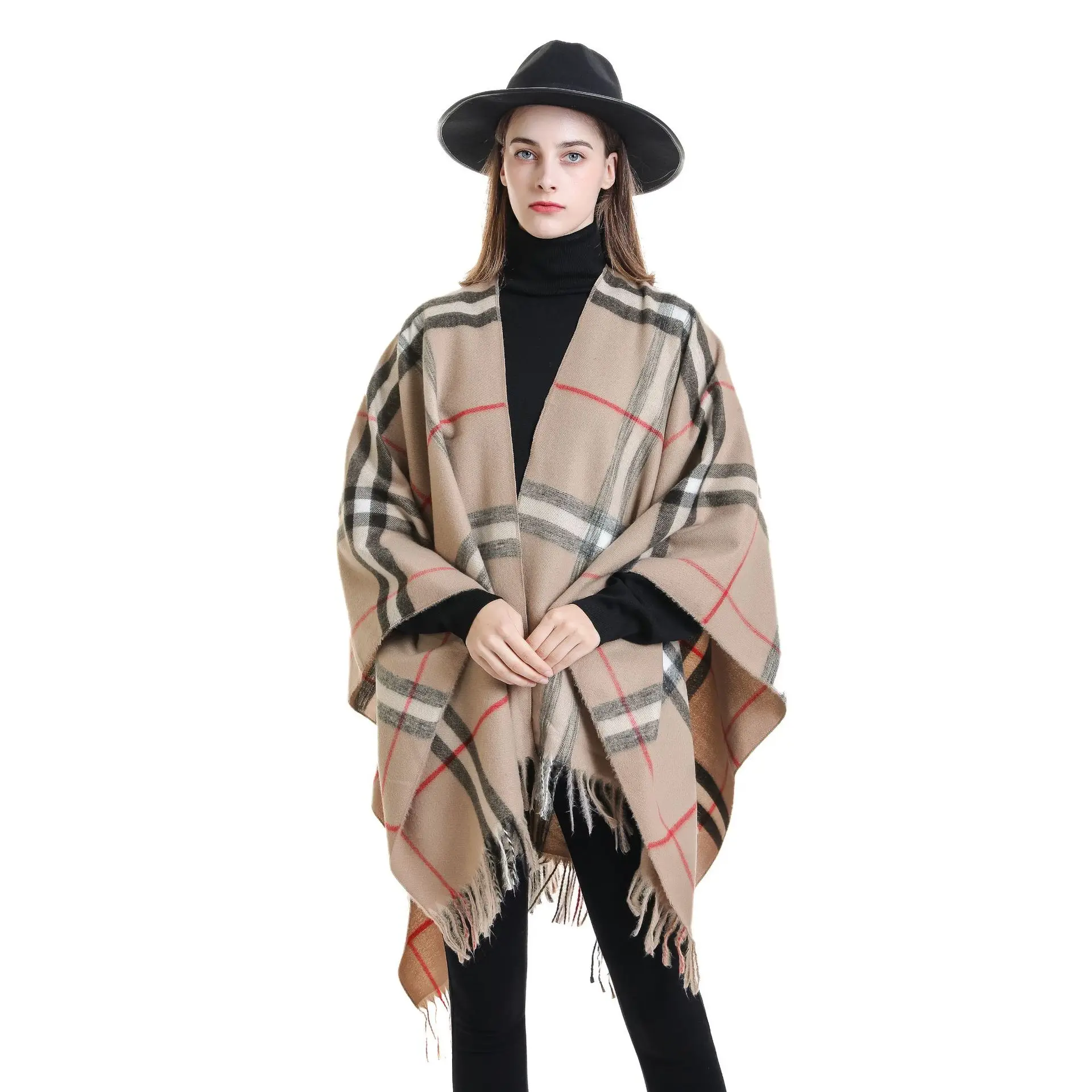 Top Trends: Women Cashmere Feeling Shawl Lady Classic Plaid Cape Spring Autumn Retro Cardigan Winter Cloak With Tassels Soft Large Blanket Shoppable Styles