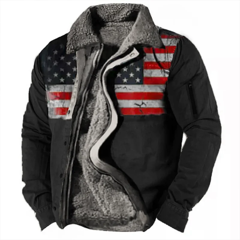 Top Trends: Men Jackets 2023 Autumn Winter Casual Fleece Coats American Flag Print Collar Zip Fly Fashion Turn-Down Collar Male Outwear Shoppable Styles