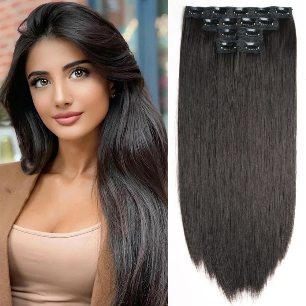 Top Trends: 4Pcs / Set Long Straight Synthetic Hair Extensions Clip In Hair Extensions Dark Brown Natural Black Mixed Color Thick Hairpieces Shoppable Styles