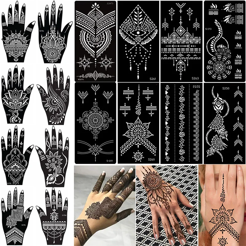 Top Trends: 16 Sheets Henna Tattoo Sticker For Hands Tattoo Temporary Waterproof Templates Tattoo Stencil For Wedding Makeup Party Supplies Shoppable Styles