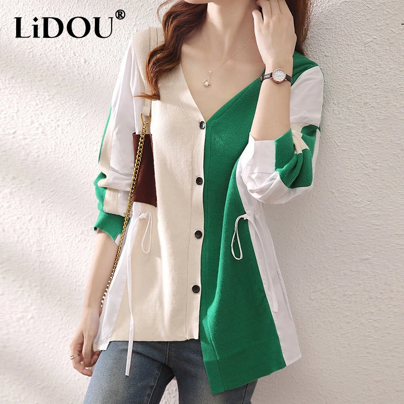 Top Trends: Spring Autumn Casual Fashion Knitting Spliced Shirt Ladies Long Sleeve V-neck Cardigan Top Women Irregular Shirring Waist Blouse Shoppable Styles