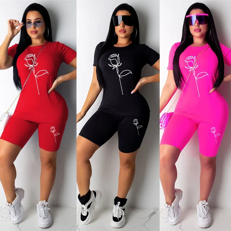 Top Trends: Summer Women&#039;s Rose Print Outfits Short Sleeve O-Neck T-Shirt + Shorts 2 Piece Set Female Slim Fit Casual Shorts Suit Sportswear Shoppable Styles