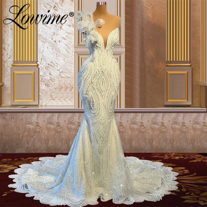 Top Trends: Lowime Plus Size Ivory White Mermaid Wedding Party Dresses Plus Size Mermaid Customized Lace Beading Crystals Long Evening Gowns Shoppable Styles