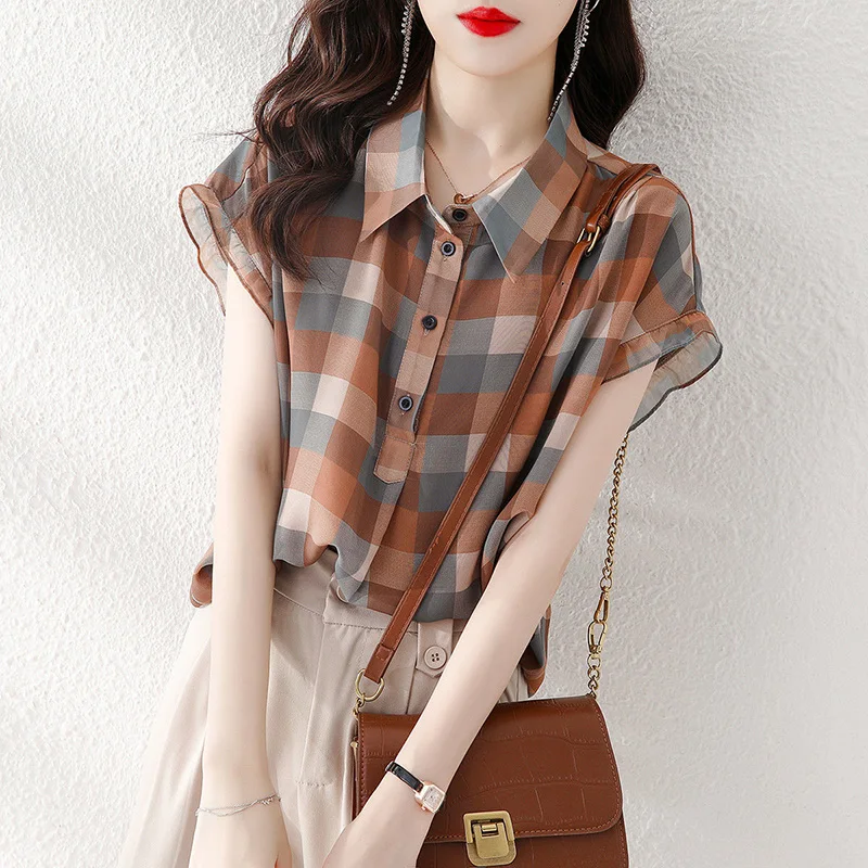 Top Trends: Fashion Plaid Printed Lapel Button Short Sleeve Chiffon Blouse Summer Plus Size Commute Tops Loose Casual Women Clothing Shirt Shoppable Styles - Image 2