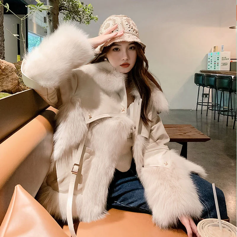 Top Trends: 2022 Autumn And Winter Women&#039;s New Net Red Fashion Thick Plush Stitching Faux Leather Faux Fur Coat Shoppable Styles