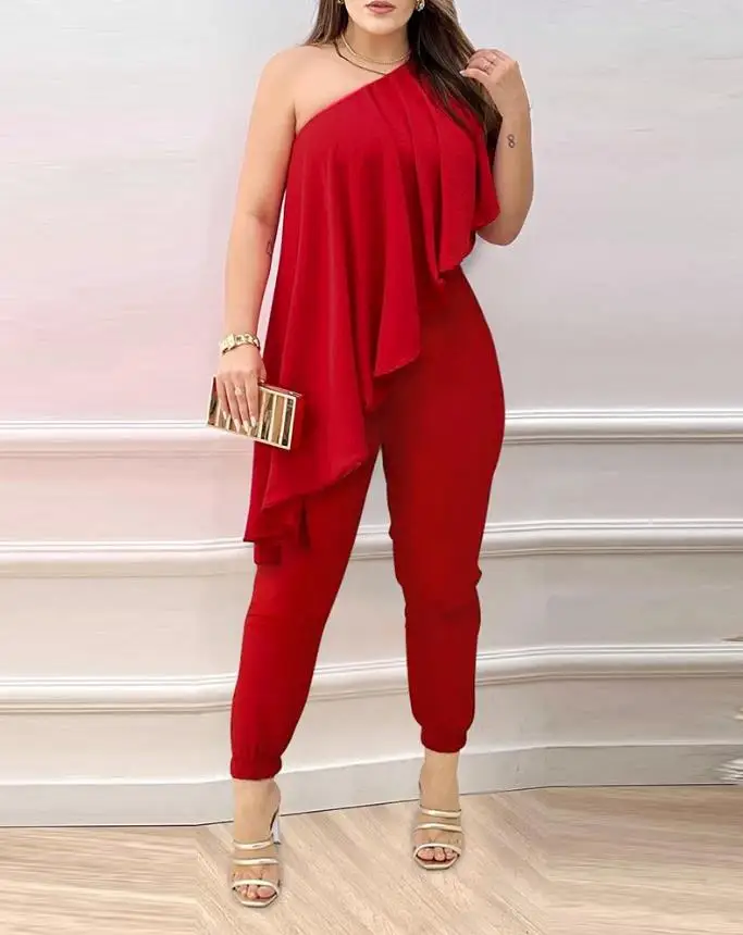 Top Trends: Woman Summer Jumpsuits Sexy One Shoulder Asymmetrical Ruffles Plain Sleeveless Long Jumpsuit Women Clothing 2022 Summer Fashion Shoppable Styles