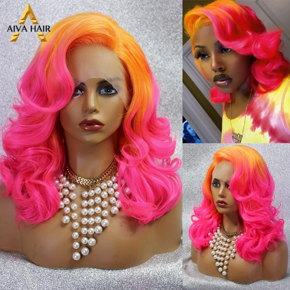 Top Trends: Orange Pink Synthetic Lace Front Wig Aiva Ombre White Wavy Short Wig Heat Resistant Cosplay Synthetic Lace Wigs For Black Women Shoppable Styles