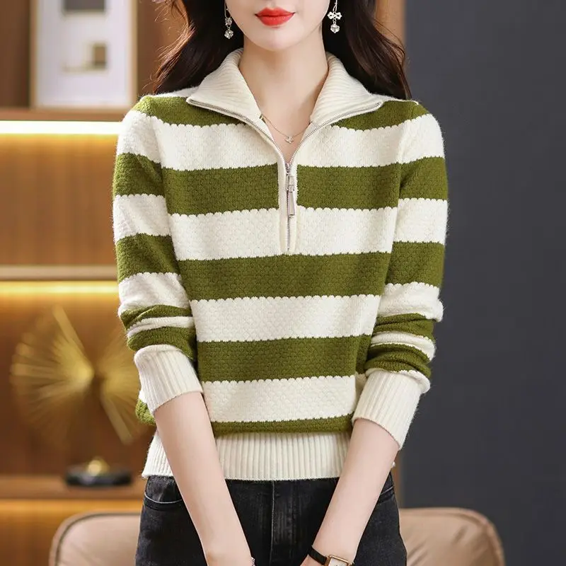 Top Trends: Korean Fashion Women Striped Zipper Turtleneck Sweater Spring Autumn New Versatile Contrast Loose Casual Long Sleeve Knitted Top Shoppable Styles