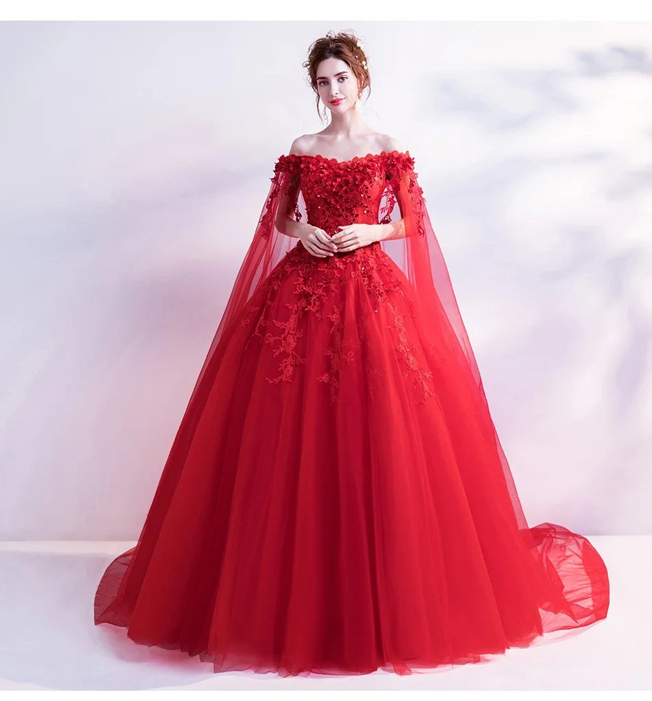 Top Trends: Lace Appliques Flowers Off The Shoulder Prom Dress Long Shawl Sleeves Princess Birthday Gown Evening Party فستان حفلات الزفاف Shoppable Styles