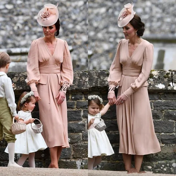 Top Trends: Kate Middleton Simple Chiffon Mother Of The Bride Dresses Long Sleeves Tea Length Vintage Wedding Guest Dress V Neck Dusty Pink Shoppable Styles