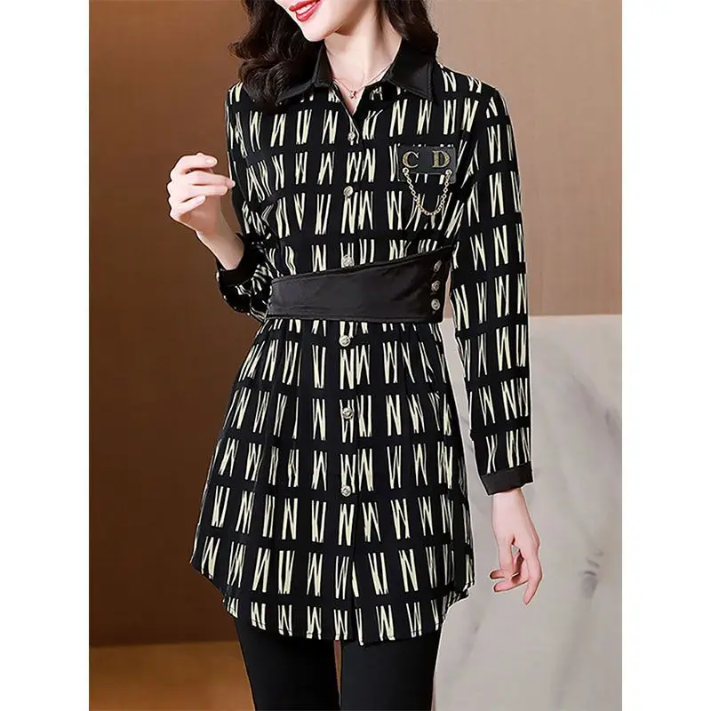 Top Trends: Fashion Letter Printing Shirt Tops Spring Autumn New Polo Neck Long Sleeve Button Patchwork Blouse Vintage Elegant Women Clothes Shoppable Styles