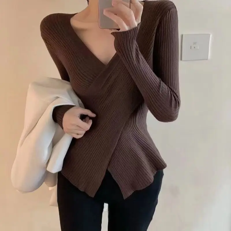 Top Trends: Women's Autumn And Winter New Fashion Minimalist Solid Color V-neck Cross Korean Versatile Long Sleeved Slim Fit Sweater Tops Shoppable Styles - Image 6