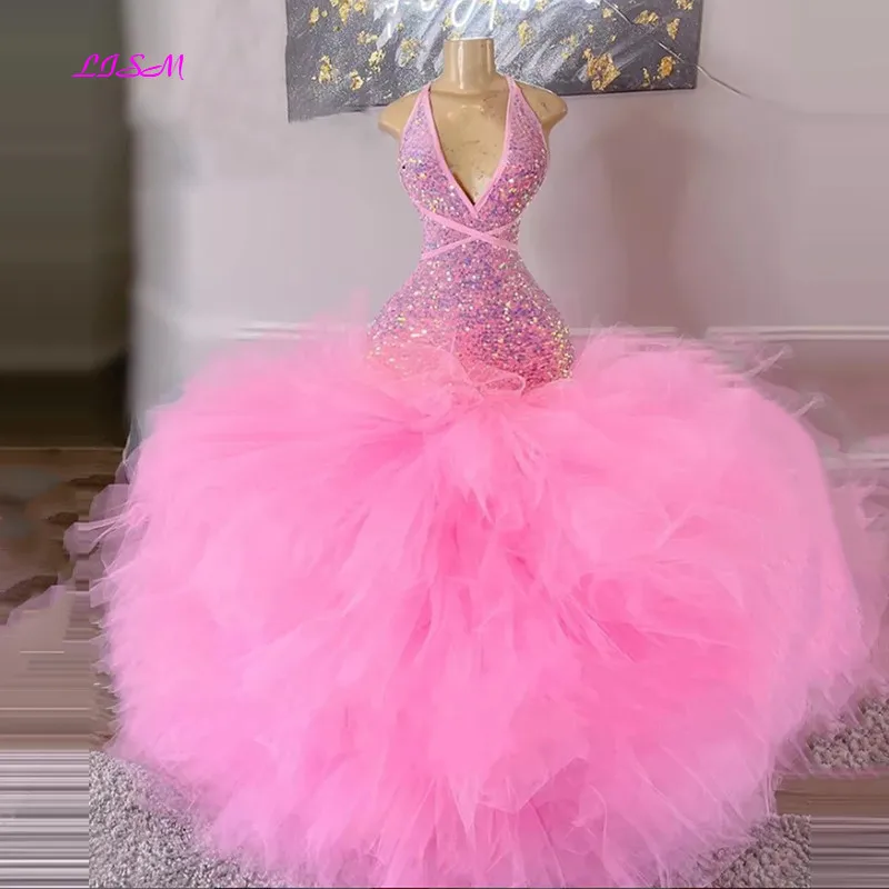 Top Trends: Sparkly Pink Sequined Long Prom Dress For Black Girls Halter Ruffles Evening Gown Sexy Backless Birthday Party Dress Robe De Bal Shoppable Styles