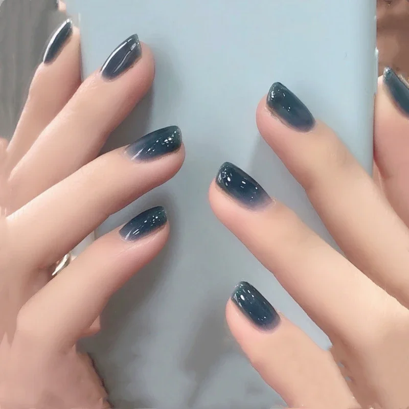 Top Trends: 24pcs Dark Blue Gradient Wearing Fake Nails Full Coverage Waterproof Press On False Nails Art Women Girls Nail Art Decoration Shoppable Styles