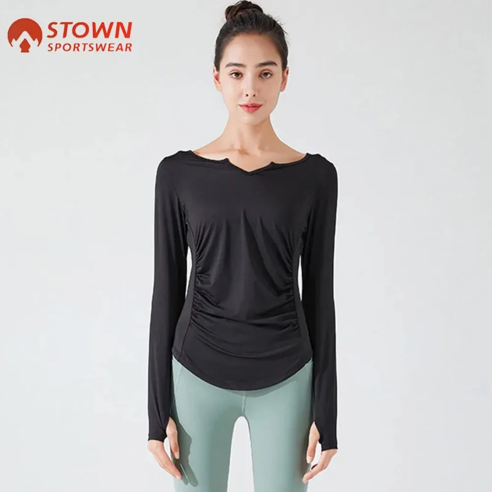 Top Trends: Stown Sportswear Bodybuilding Long Sleeve T Shirt Gym Fitness Women Clothing With Thumb Hole Pleated Slimming Pilates Yoga Top Shoppable Styles