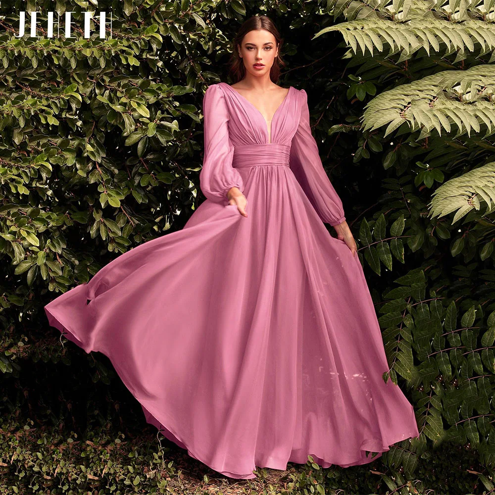 Top Trends: JEHETH Chiffon V Neck Evening Dresses 2023 Pleated Empire Waist Full Sleeves A Line Formal Prom Party Gowns Floor Length Shoppable Styles