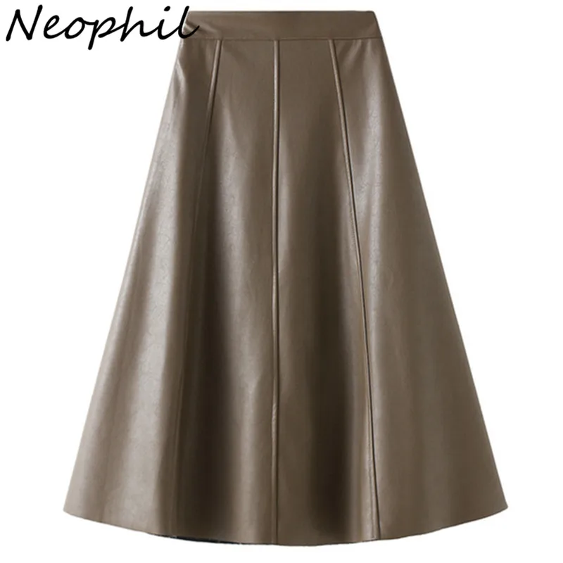 Top Trends: Neophil Retro 2024 Winter Women Leather A-Line Skirts High Waist Latex Black Beige Ladies Elegant Flare Chic Midi Skirt S220706 Shoppable Styles