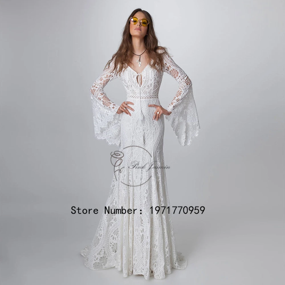 Top Trends: 2024 Boho Beach Hippie Wedding Dresses V Neck Long Bell Sleeve Backless Destination Elopement Cut Out Lace Bridal Gown Cheap Shoppable Styles