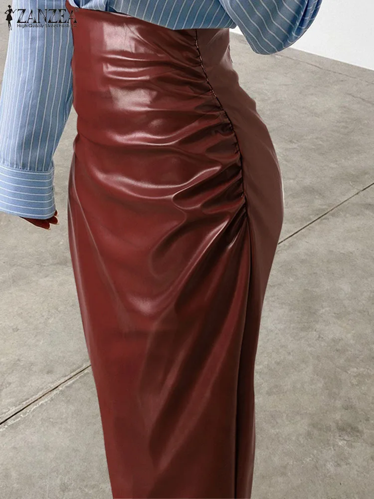 Top Trends: ZANZEA Women PU Leather Midi Skirts Fashion High Waist Long Jupes Holiday Sold Pleated Silm Faldas Vintage Slit Hem Skirts Femme Shoppable Styles - Image 2