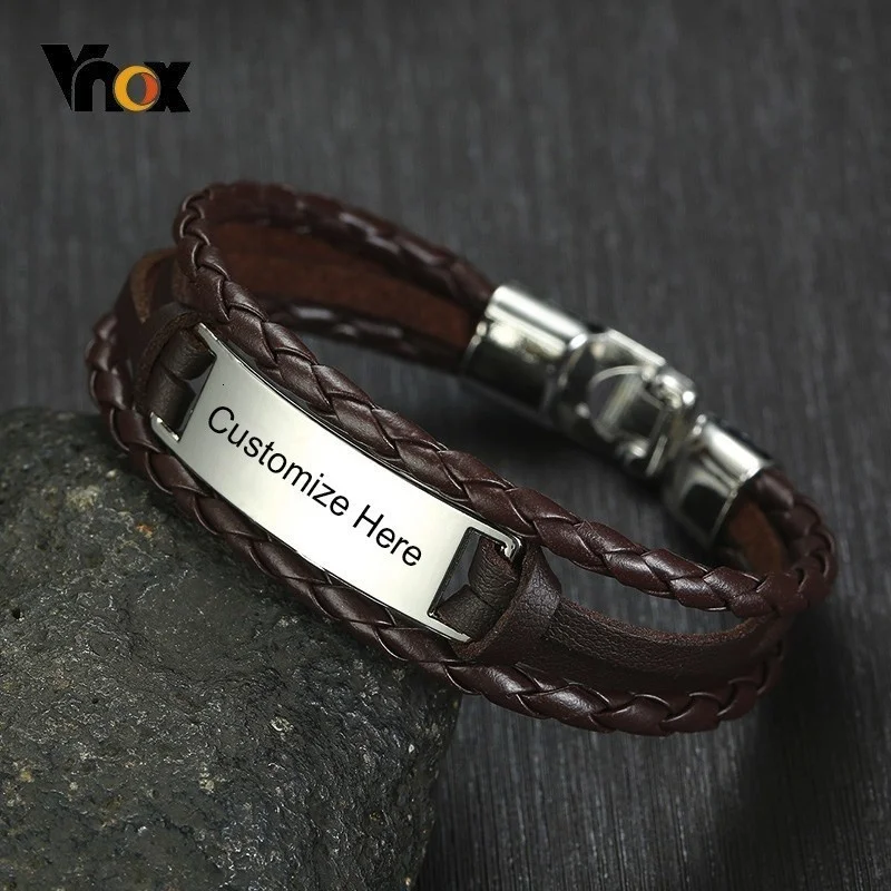 Top Trends: Vnox Free Custom ID Tag Triple Layers Leather Bracelets For Men Stainless Steel Bar Engrave Name Inspiration Pulseira Shoppable Styles