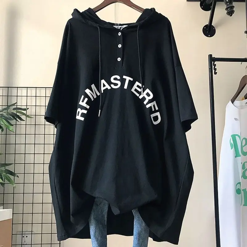 Top Trends: Summer New Hooded Medium Long Short Sleeve T Shirt Tops Letter Printing Loose Pullovers Fashion Casual Women Clothing Shoppable Styles