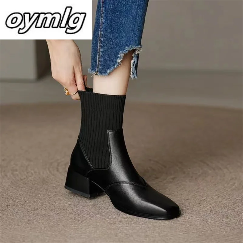 Top Trends: Short Boots Autumn Winter New Square Headed Knitted Elastic Women's Boots Fashionable And Simple Shoes Female Boots Shoppable Styles - Image 3