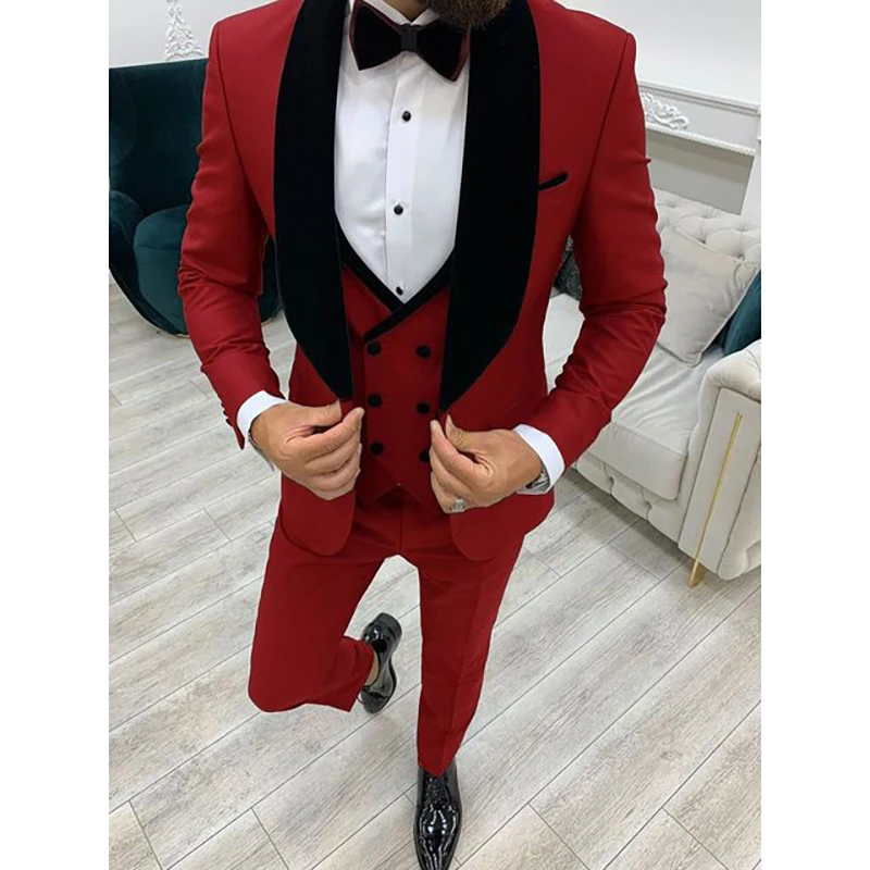 Top Trends: Luxury Men&#039;s Suits Red Three Piece Wedding Blazer Black Shawl Lapel Jacket Pants Vest Hombres Terno Outfits Formal Costumes Shoppable Styles