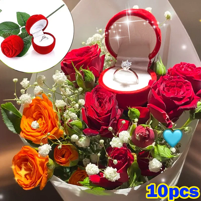 Top Trends: 1 / 10pcs Red Velvet Rose Shape Ring Box Creative Simulation Flower With Leaves Gift Romantic Surprise Proposal Wedding Ring Box ， Shoppable Styles