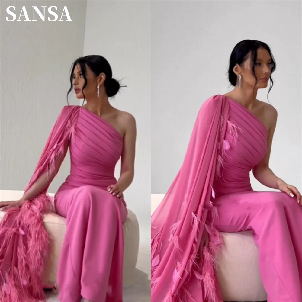 Top Trends: Sansa Luxury Feather Sleeve Prom Dress Sexy One Shoulder Mermaid Vestidos De Noche Sweet Pink Cape Sleeve فساتين سهره فاخره Shoppable Styles