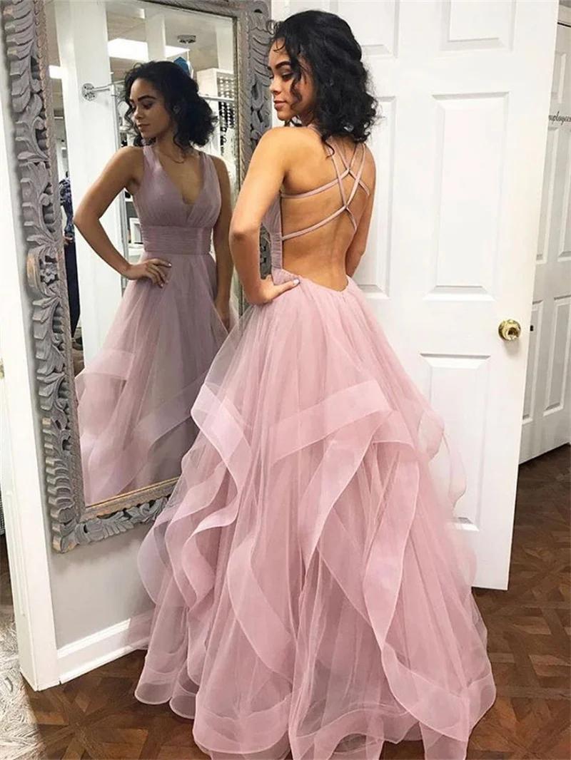 Top Trends: Simple Deep V-neck Pleated Organza Prom Dress Open Back A Line Formal Party Evening Dress Multi Layered Wedding Guest Dress Shoppable Styles