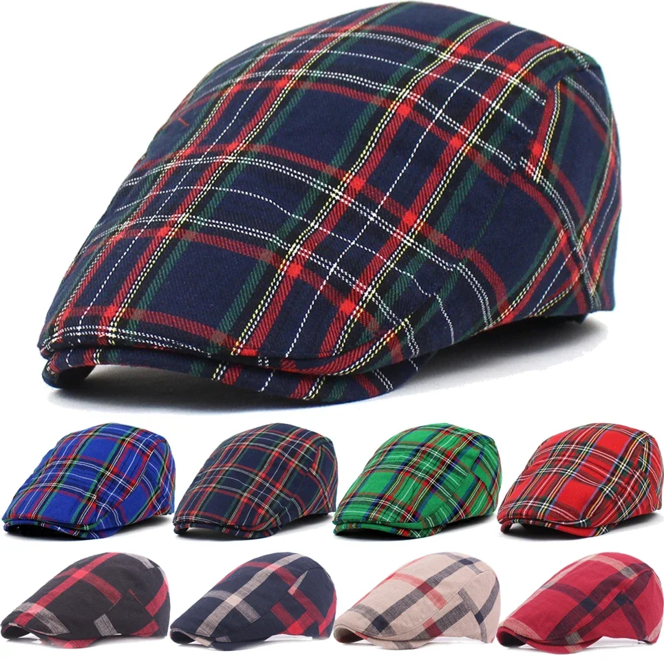 Top Trends: Retro Plaid Beret Caps For Women Men British Style Adjustable Outdoor Riding Caps Cotton Spring Summer Hats Berets Top Hat Shoppable Styles