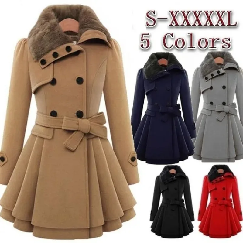 Top Trends: Womens Vintage Woolen Coat Slim Trench Coats Lady Fur Collar Winter Woolen Lace Up Coat Jackets Outwear Plus Size Clothes 5XL Shoppable Styles