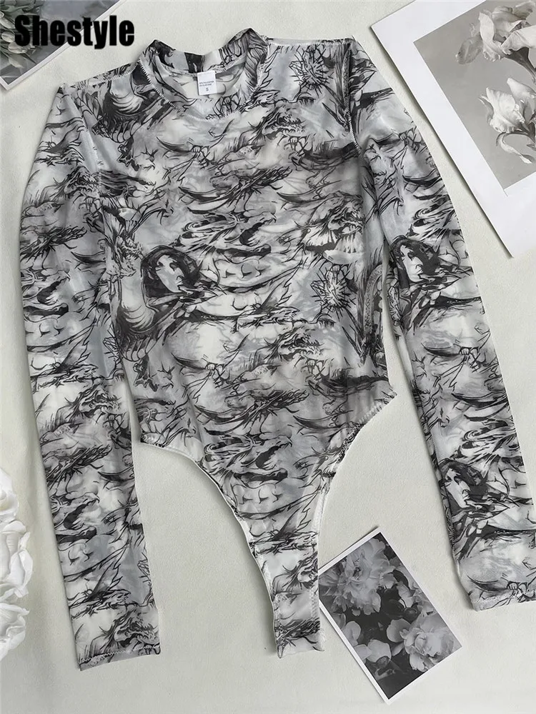 Top Trends: Shestyle Dragon Tie Dye Print Bodysuit Women Black And WHite Inkwash Paiting Mock Neck Body T-Shirt 2023 Autumn Mesh Transparent Shoppable Styles - Image 6