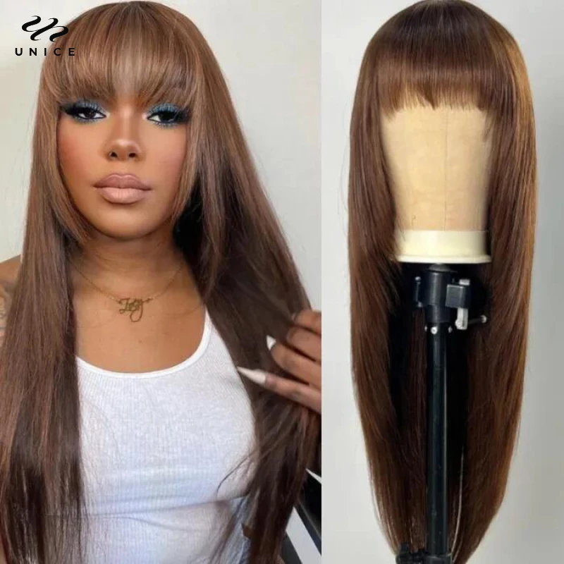 Top Trends: UNice Layer Cut Mocha Medium Brown Glueless Beginner Friendly Straight Wig With Bangs Wear And Go Cap Soft &amp; Smooth Virgin Hair Shoppable Styles