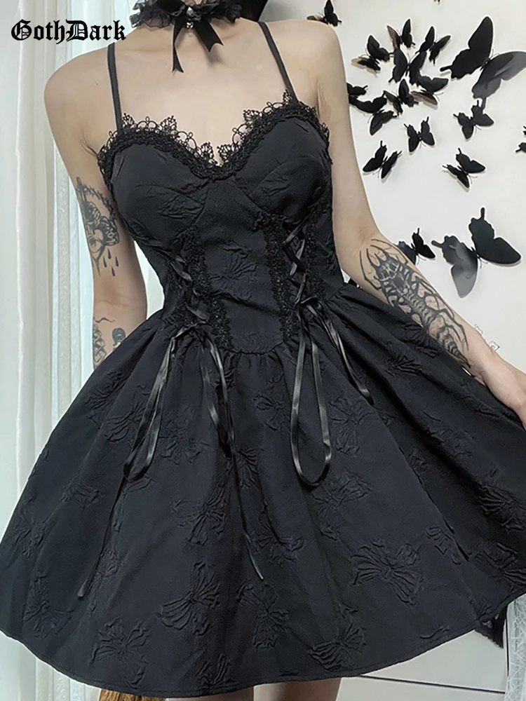 Top Trends: Goth Dark Tie Up Mall Gothic Elegant Women Dresses Grunge Aesthetic Jacquard A-Line Dress Emo Lace Trim Black Party Alt Clothes Shoppable Styles