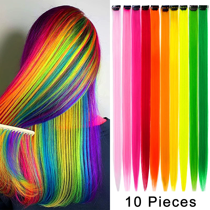 Top Trends: 10Packs Straight Colored Clip In Hair One Piece Long Synthetic Rainbow 22 Inch Party Highlights Extensions For Women Kids Girls Shoppable Styles