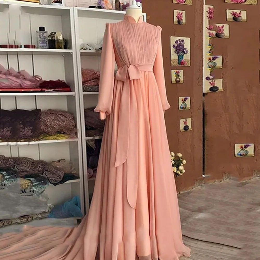 Top Trends: Pink Classic Evening Dresses For Women High Neck Full Sleeves A-Line Belt Party Gowns Chiffon Sweep Train فساتين مناسبة رسمية Shoppable Styles